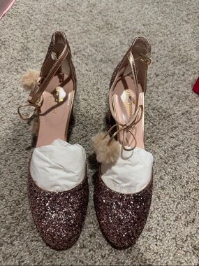 kate spade Rose Gold Glitter Pom Pom Ankle-Strap Pumps